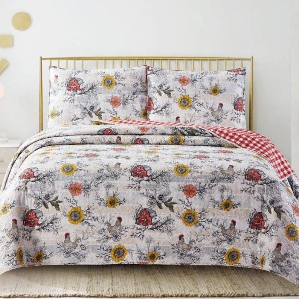 Cottagecore Sweet Home Printed Queen Quilt Set Barn Rooster Country Farmhouse